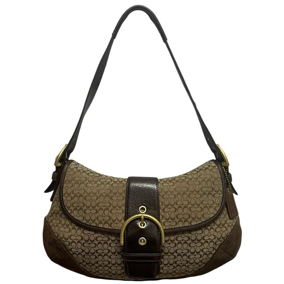 Coach Vintage #6808 Signature Soho Brown Jacquard/Suede Flap Logo Hobo Bag - Picture 1 of 16